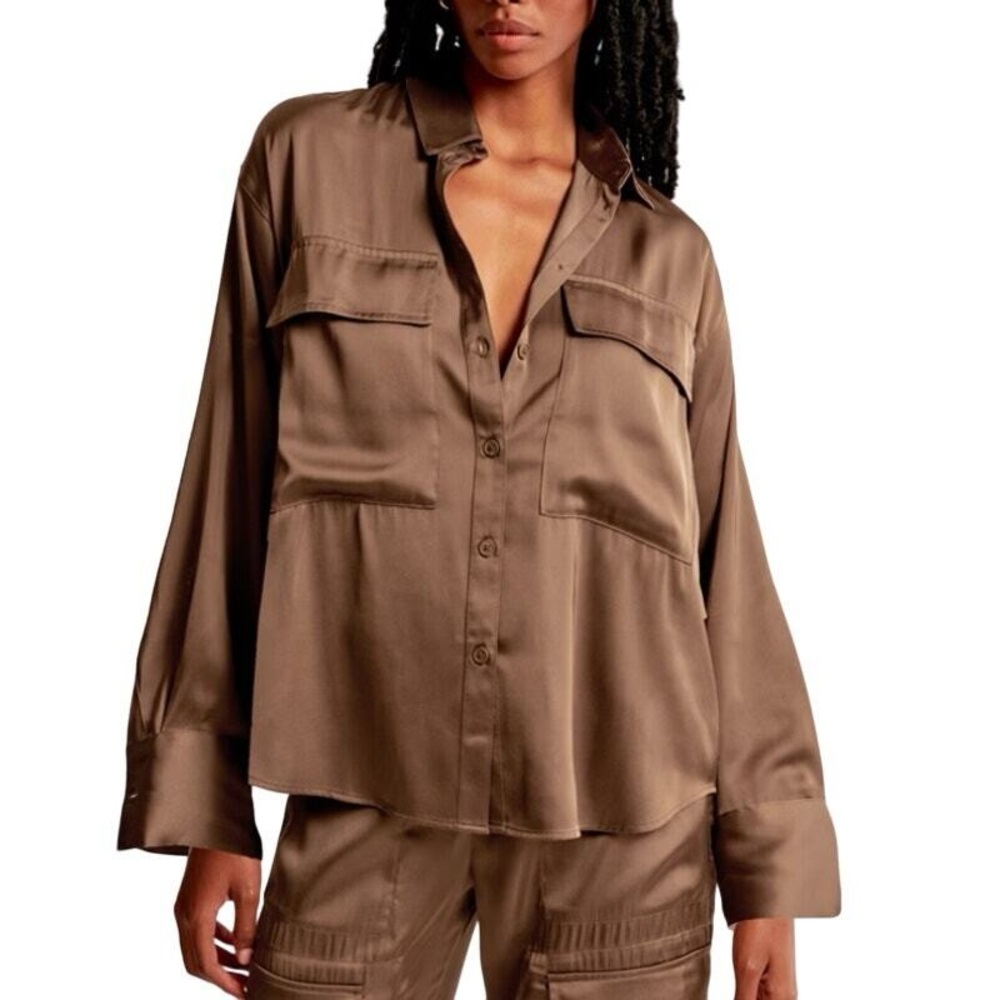 Abercrombie & Fitch x Nicole Benfield Brown Satin Button-Up Shirt